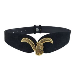 Vintage 80's Wide V Belt Black Suede Ornate Gold Etched Hook Buckle‎ Art to Wear